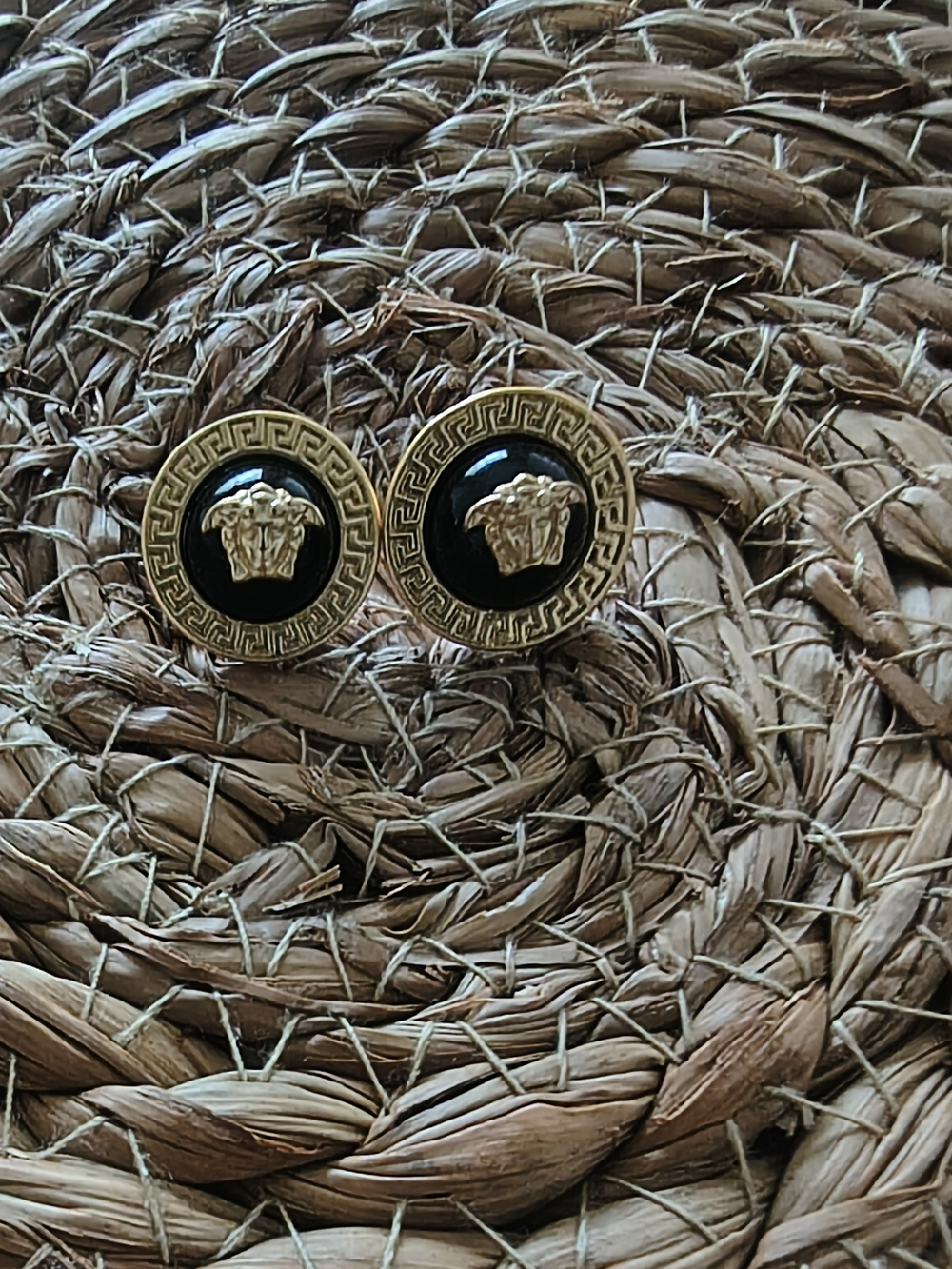 Gold & Black Medusa Earrings With Greek Key Border